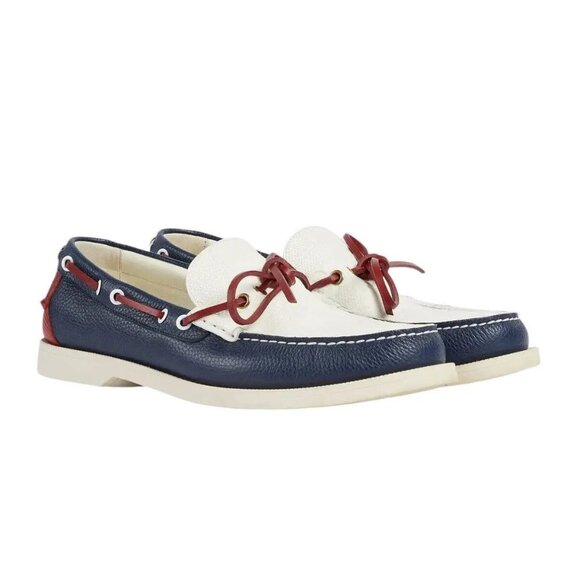 Gucci Men's Riverside Moccasin Calfskin GG Boat Shoes Blue/Off White 745968 UK9 - Picture 1 of 12